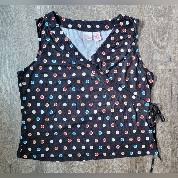 Vintg Y2K Faux Wrap Babydoll Sleevles Blouse Women's XL Black & Multi Polka Dot - Picture 5 of 9